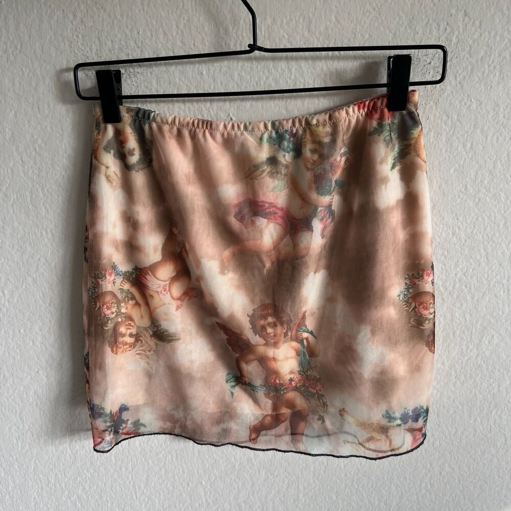 VINTAGE Y2K 2000s Beige Tan Angel Cherub Lace Mini Skirt Womens Small - Picture 2 of 3